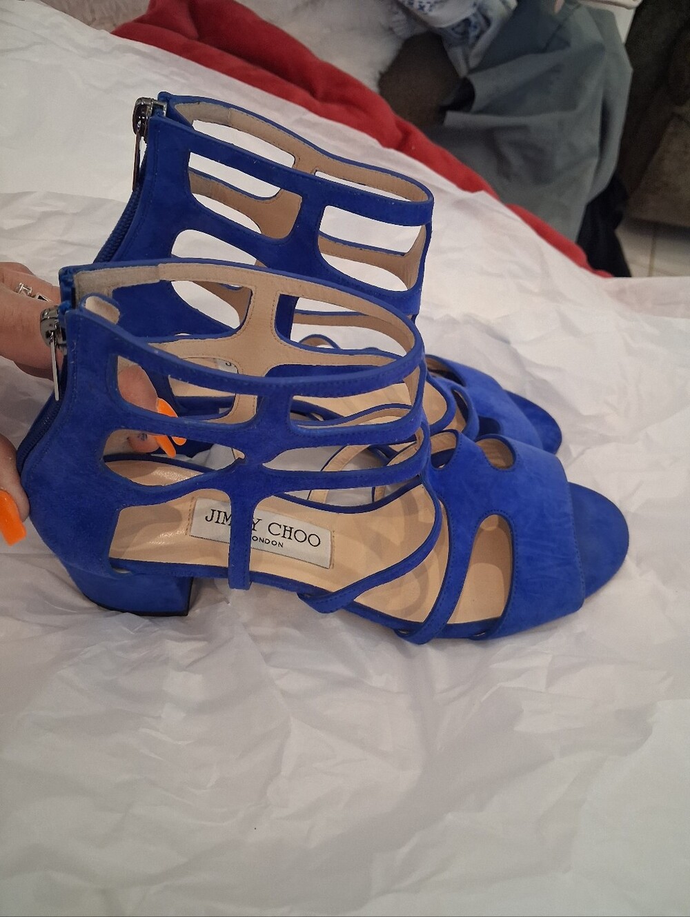 Jimmy Choo Royal Blue Suede Strappy Block Heel Sandals Size 37.5